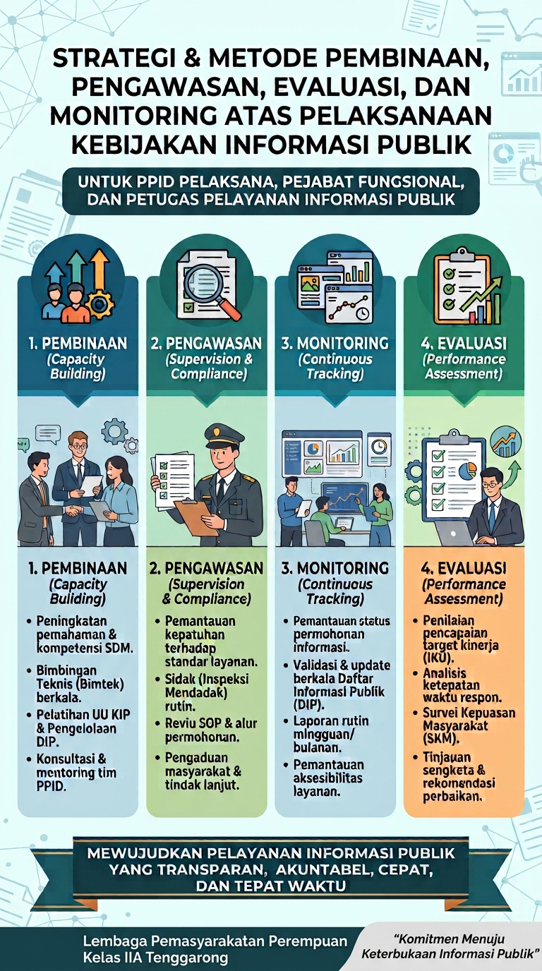strategi dan metode pembinaan, pengawasan, evaluasi, dan monitoring atas pelaksanaan kebijakan Informasi Publik